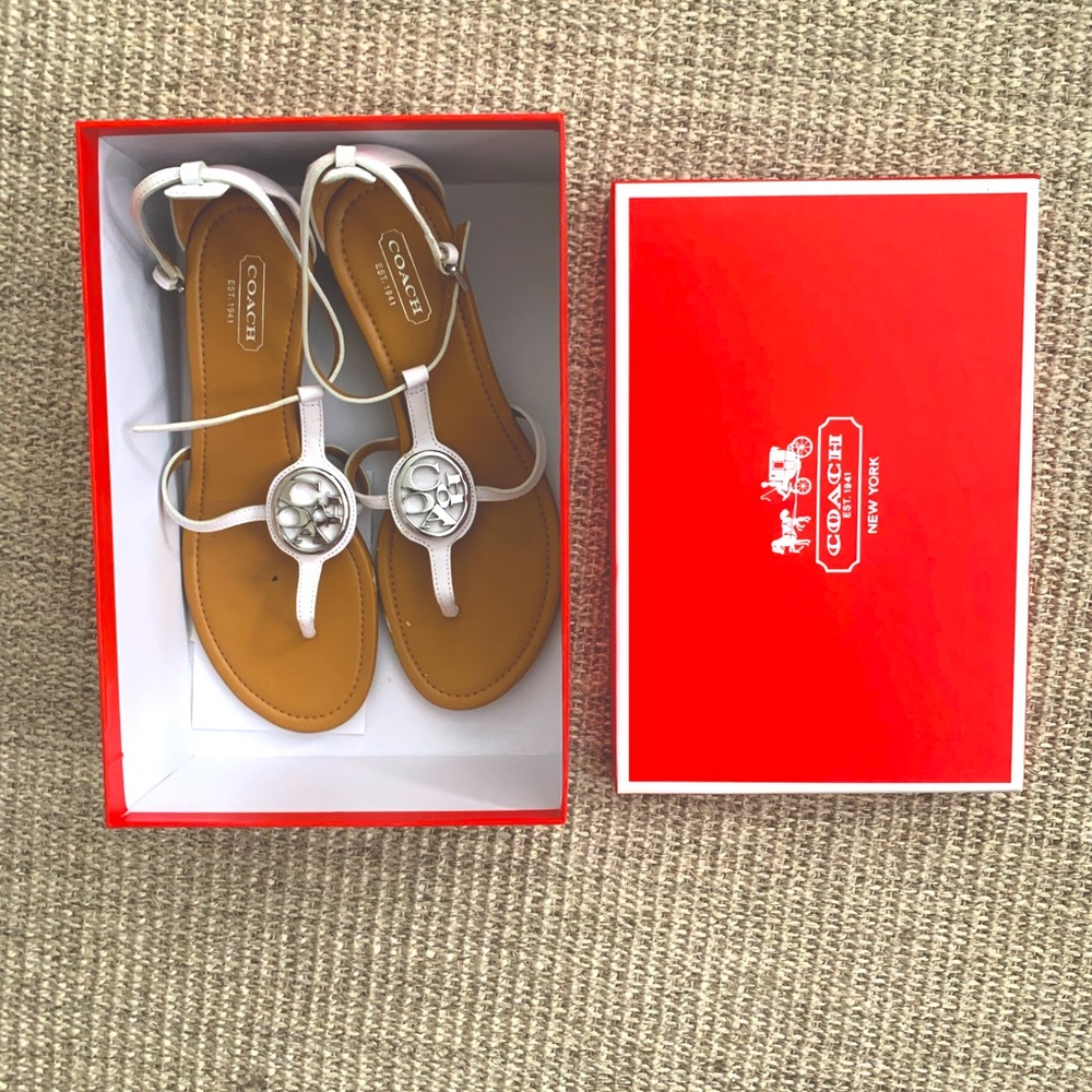 White womens coach thong sandals, 7.5